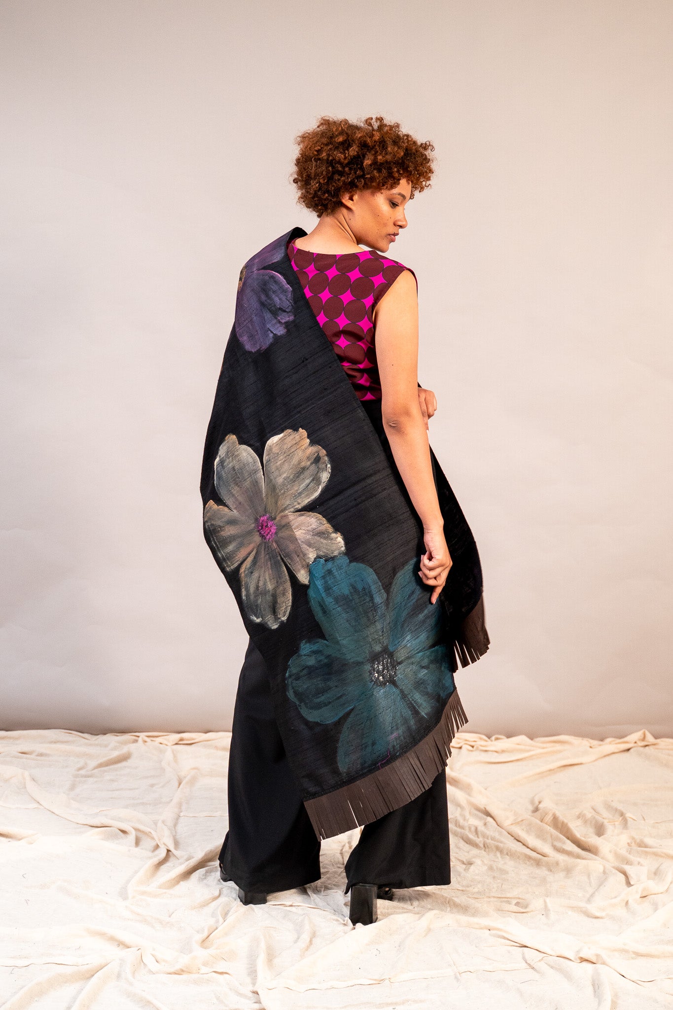 Hand Painted Shawl in Black Raw Silk