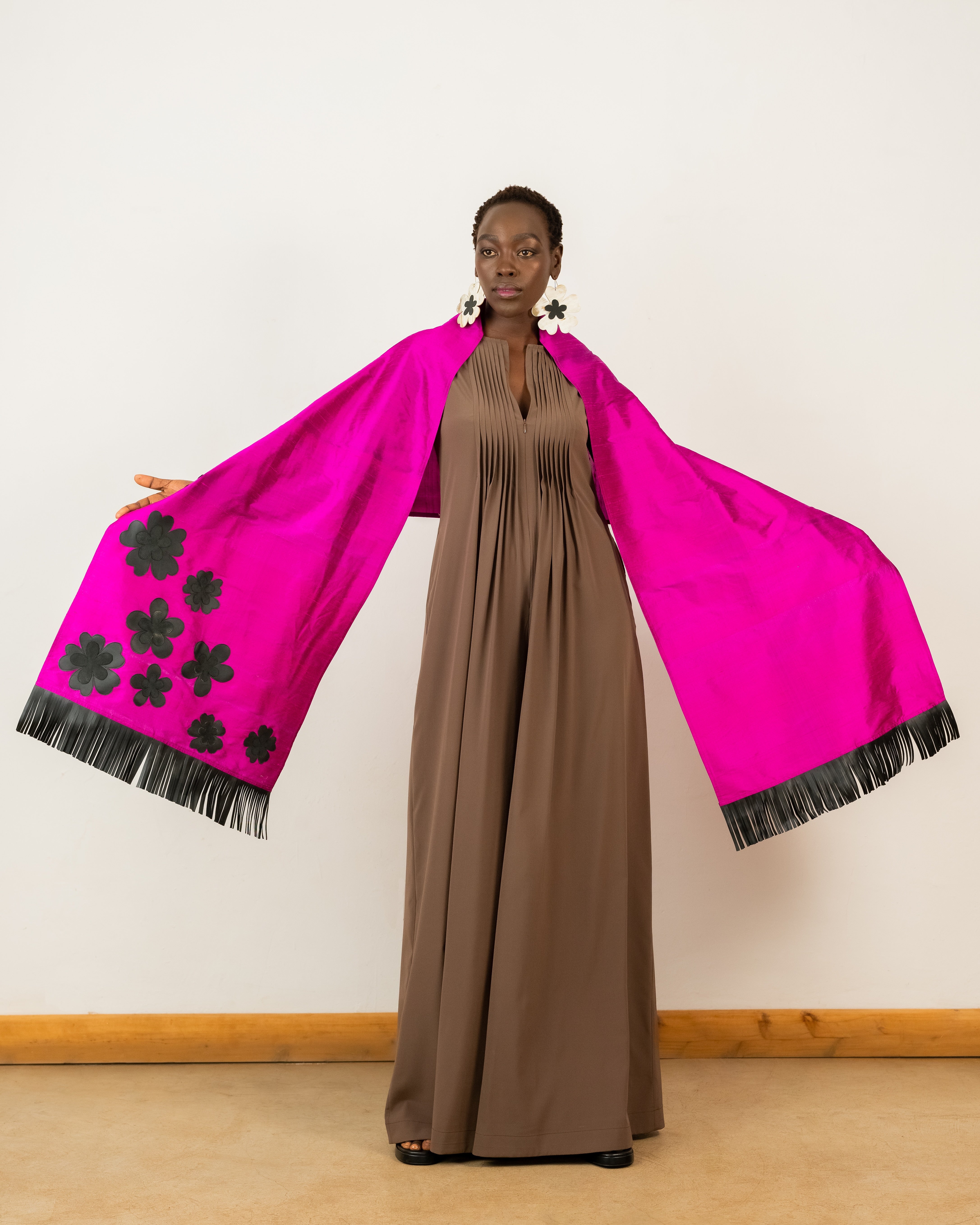Classic Deepa Flowers Shawl in Hot Pink Raw Silk