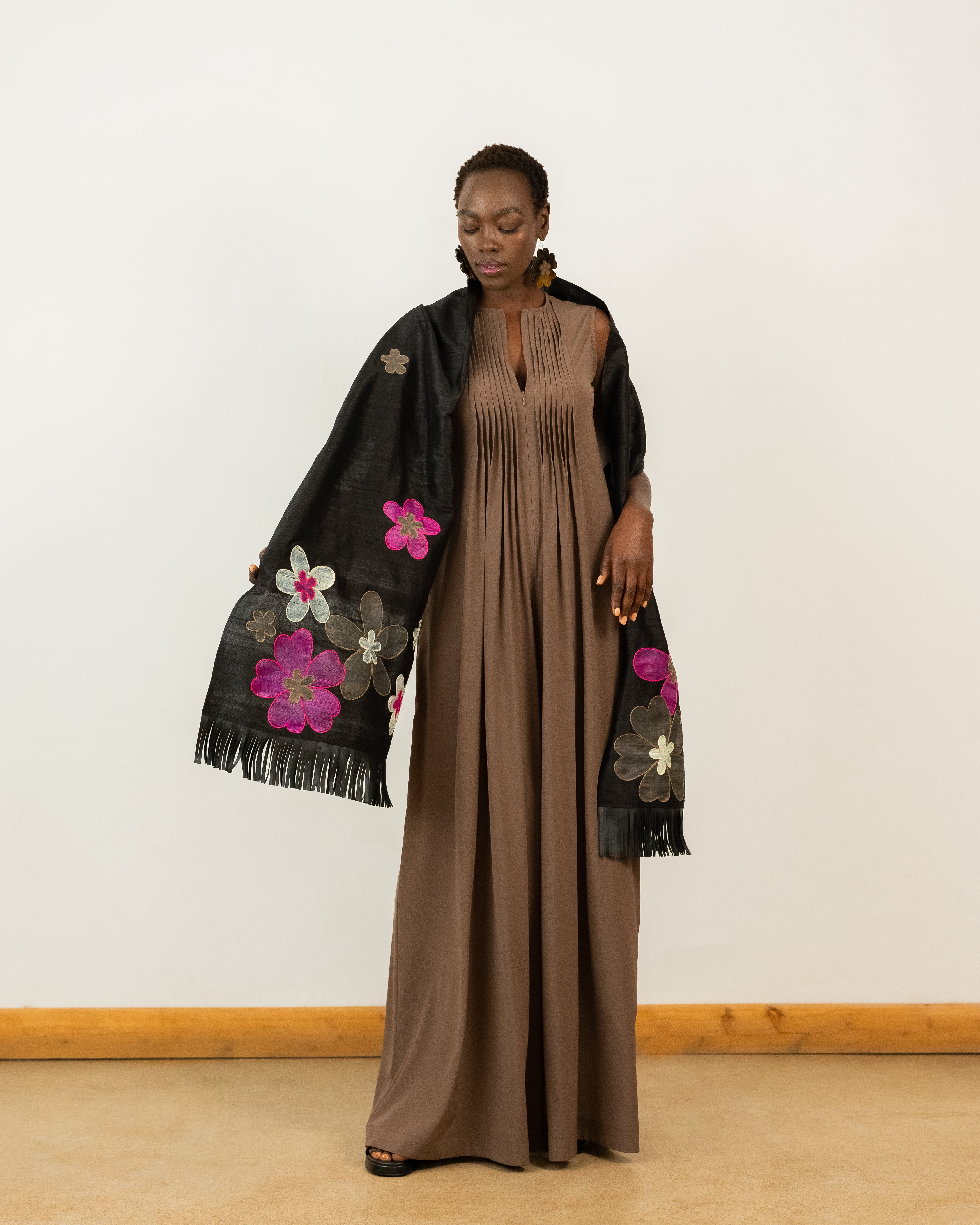 Classic Deepa Flowers Shawl in Black Raw Silk