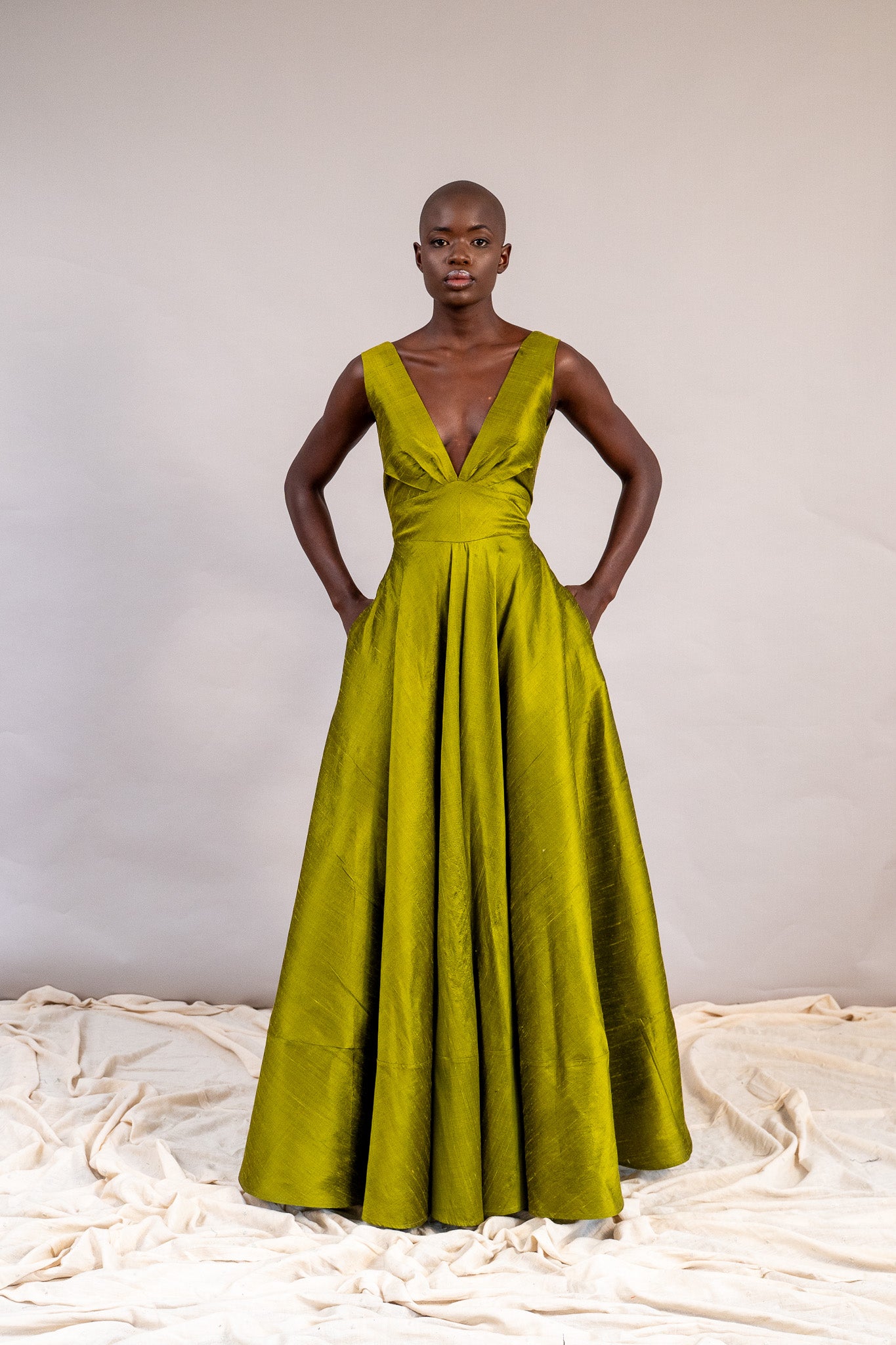Princess Gown in Lime Raw Silk