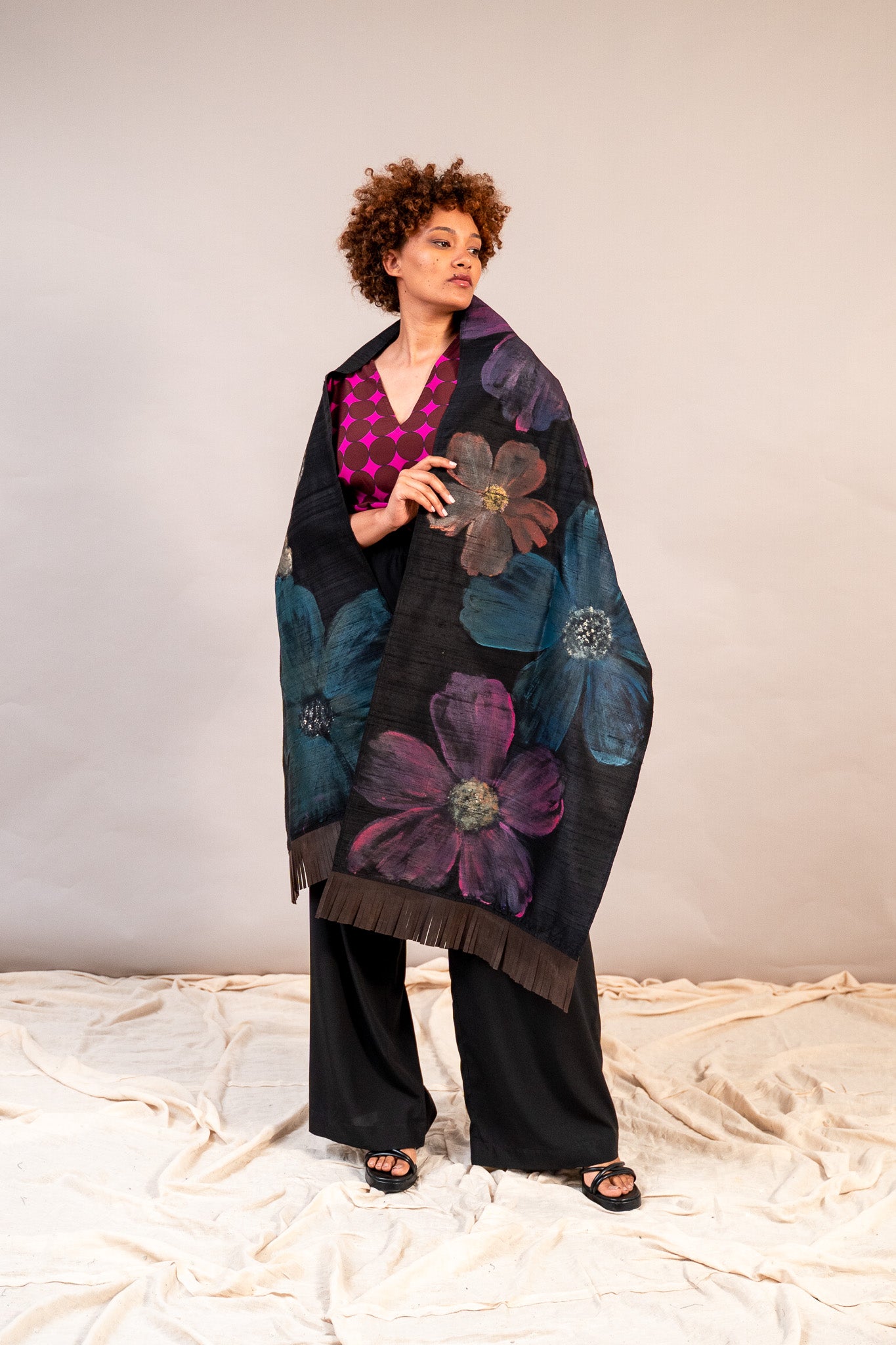 Hand Painted Shawl in Black Raw Silk
